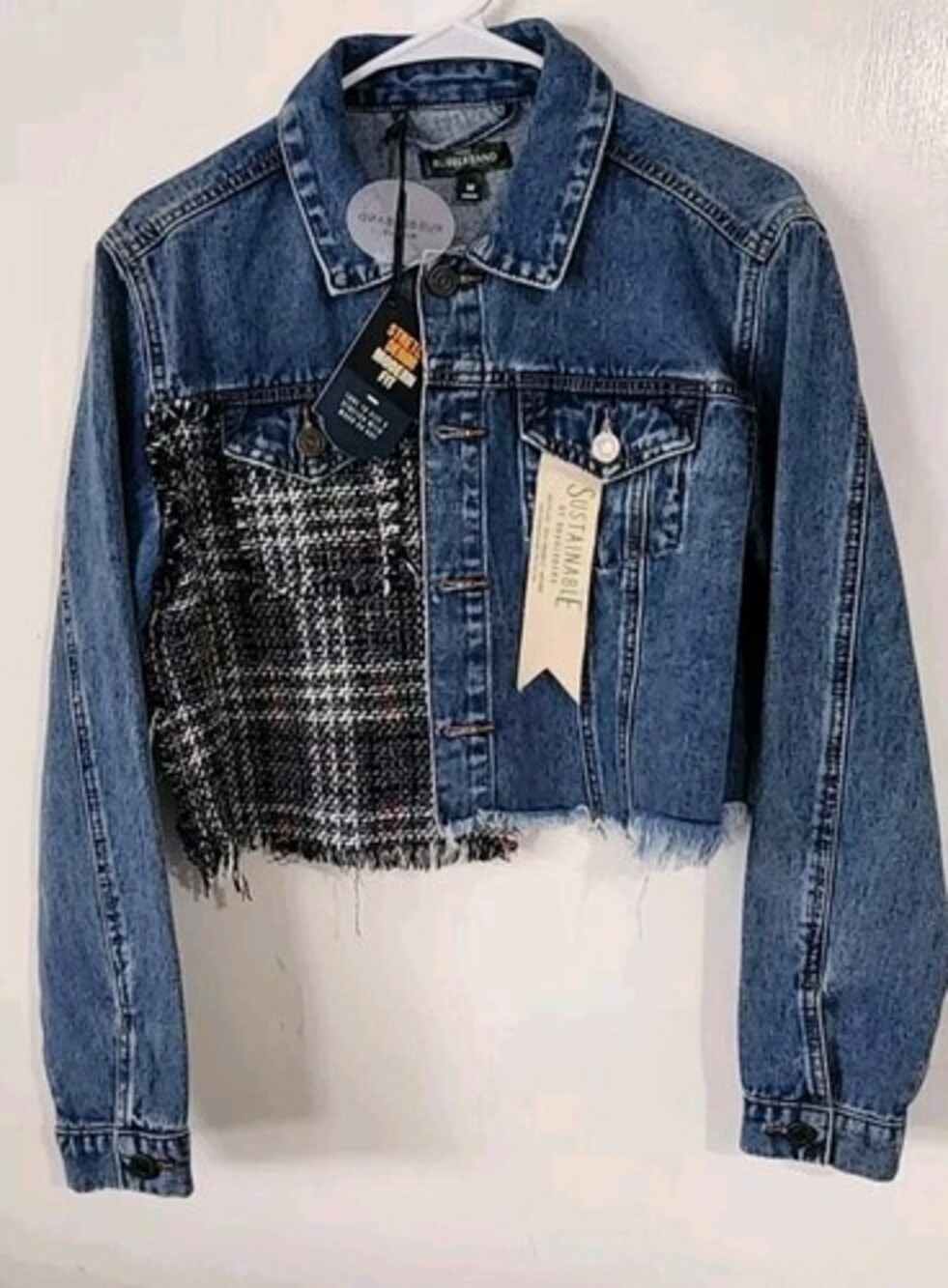 Rubberband Women's Denim tweed Cropped Denim Jacket Sz M sustainable jean coat